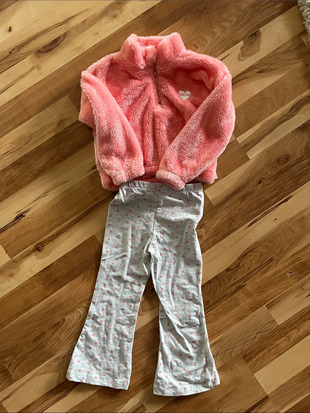 Dkny Pink Plush Zip Jacket with Light Gray Heart-Print Pants